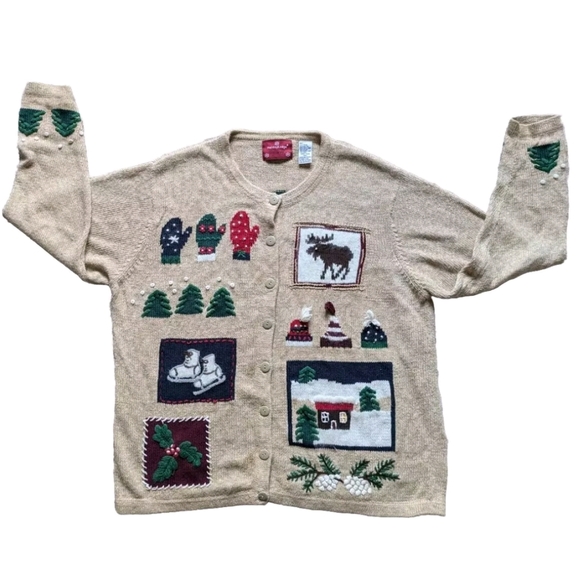 Vintage Christmas Sweater Cardigan Outdoors Wool Blend Rabbit Hair Beige Size 1X - Picture 1 of 10